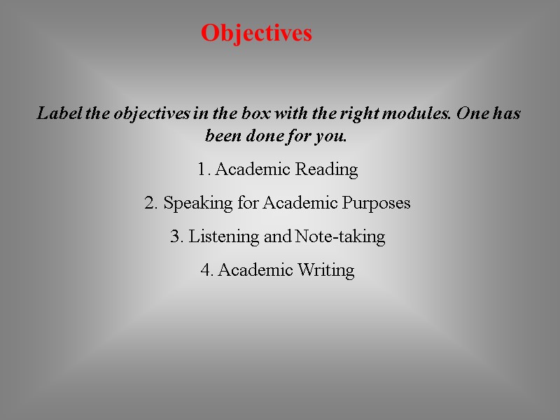 Objectives  Label the objectives in the box with the right modules. One has